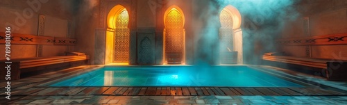 Pool in a building with a fountain in it. Hammam background. Banner photo