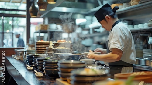 The Blur chef, who is cooking at the kitchen counter, serves customers straight from this Japanese restaurant counter, which focuses on ceramic tea cups. photo