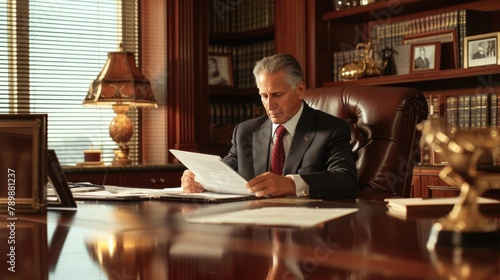 A focused executive evaluates paperwork in the prestigious setting of a wood-paneled office, reflecting professionalism and determination. AIG41 photo