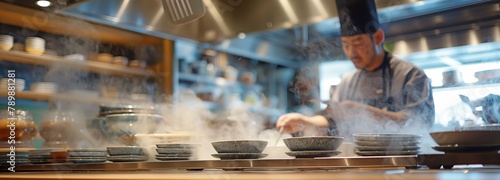 The Blur chef, who is cooking at the kitchen counter, serves customers straight from this Japanese restaurant counter, which focuses on ceramic tea cups.