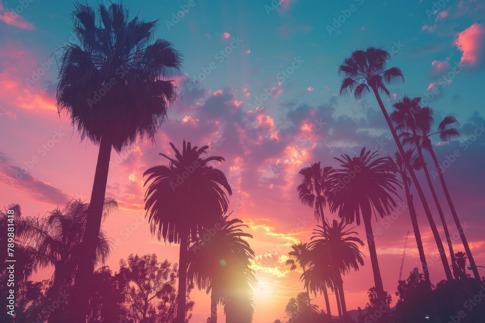 Palm trees in silhouette against a sunset sky with a pink and blue sky. Summer background 