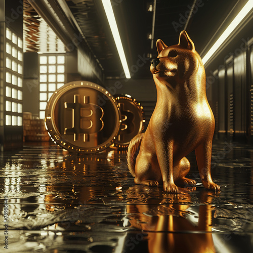 Dogecoin, Shiba Inu, virtual currency, cryptocurrency market, meme-fueled hype, 3D render, Silhouette lighting, Vignette