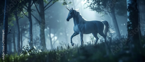 Majestic unicorn, silver mane, galloping through a mystical forest, under the moonlight, 3D render, silhouette lighting, depth of field bokeh effect