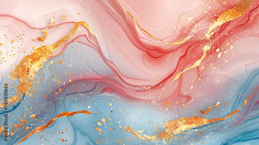 Epoxy resin texture with blue , gold and pink background. Banner Abstract marble waves coloured with crushed gold. Executed in the style of liquid art.