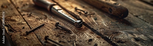 Two screws and a hammer on a wooden table. Tools background. Banner photo