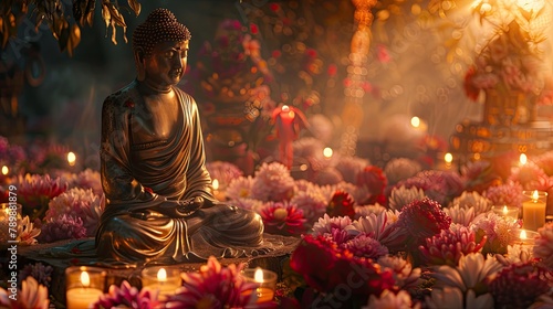 banner background Theravada New Year Day theme, and wide copy space, An artistic depiction of Lord Buddha in meditation, surrounded by flowers and candles, symbolizing his enlightenment,  photo