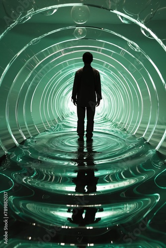 Man Standing in Tunnel With Green Lights