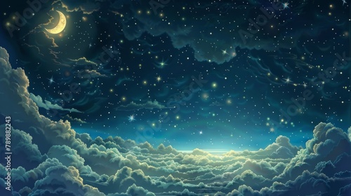 Enchanted Night Sky Over Cloud Seascape A serene vista showcases a starry night sky with a whimsical crescent moon, casting a celestial glow over a sea of soft clouds, creating a dreamlike atmosphere.