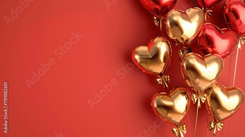 Red and gold hearts foil balloons with gifts on Valentines Day background. Romantic banner with Copy Space © Boraryn