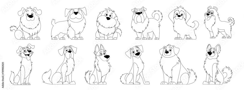 Cute Dogs Vector Set in Lineart Style. Cartoon Characters of Dogs or Puppies Creating a Collection with Different Breeds. Set of Funny Pets.