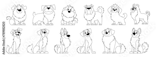 Cute Dogs Vector Set in Lineart Style. Cartoon Characters of Dogs or Puppies Creating a Collection with Different Breeds. Set of Funny Pets.