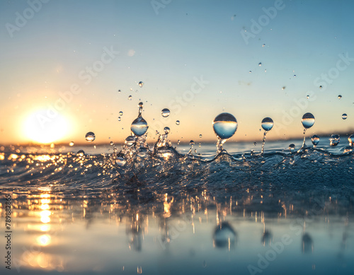 Sunset over ocean waves, capturing glistening water droplets mid-air. Mesmerizing dancing water droplets.