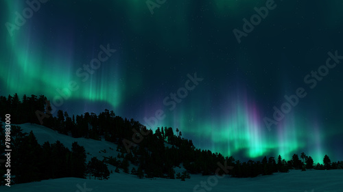 A beautiful green and red aurora dancing over the hills  © Aomarch