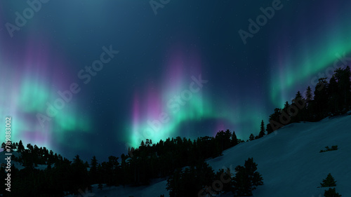 A beautiful green and red aurora dancing over the hills
