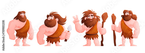 Cave man, prehistoric primitive people in stone age cartoon set. Neanderthal in the skin of an animal with a club in his hand. Primitive man character isolated vector illustration