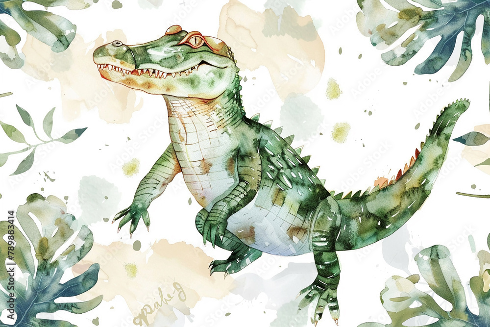 Fototapeta premium A Crocodile cute watercolor seamless white background.