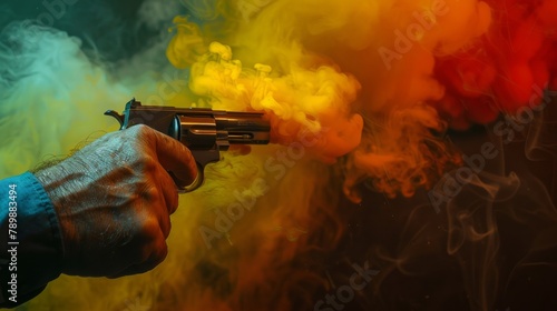 Gun Violence concept . Male hand holding gun on black background with smoke yellow orange red white colored back lights 
