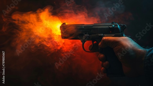 Gun Violence concept . Male hand holding gun on black background with smoke yellow orange red white colored back lights 