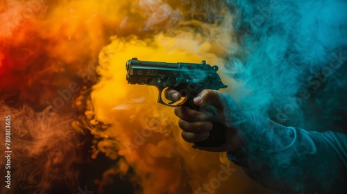 Gun Violence concept . Male hand holding gun on black background with smoke yellow orange red white colored back lights 
