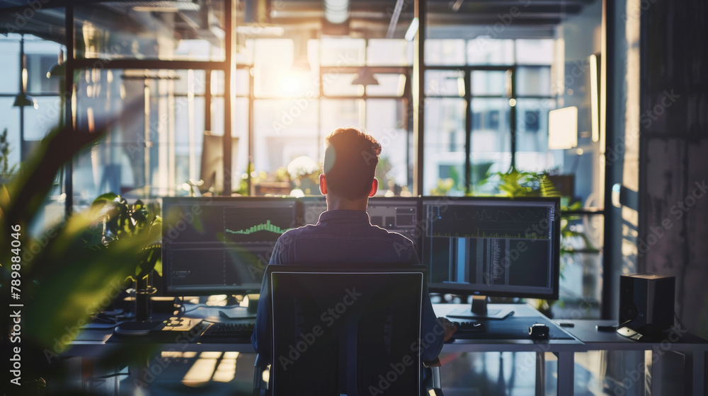 A digital marketer strategizing an AI-powered campaign on interactive screens, in a bright, minimal office, styled as contemporary. A digital marketer strategizing an AI-powered campaign on interactive screens, in a bright, minimal office, styled as contemporary.