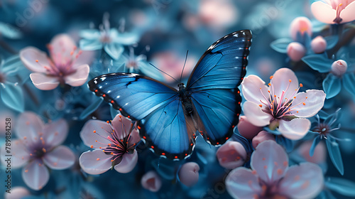 Springtime nature background blue  butterfly cherry blossom tree with beautiful butterfly