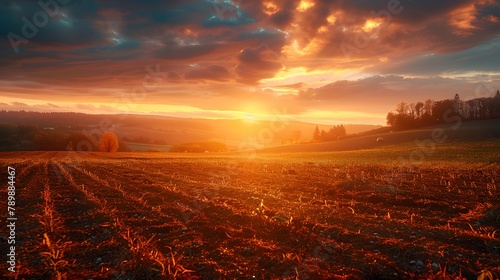 Field Sunset: A tranquil evening scene with orange hues, clouds drifting over a green landscape, as the sun dips below the horizon