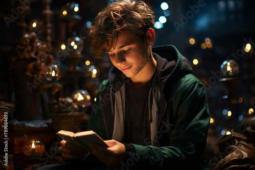 A teen boy immersed in reading a book, with a warm, moody atmosphere
