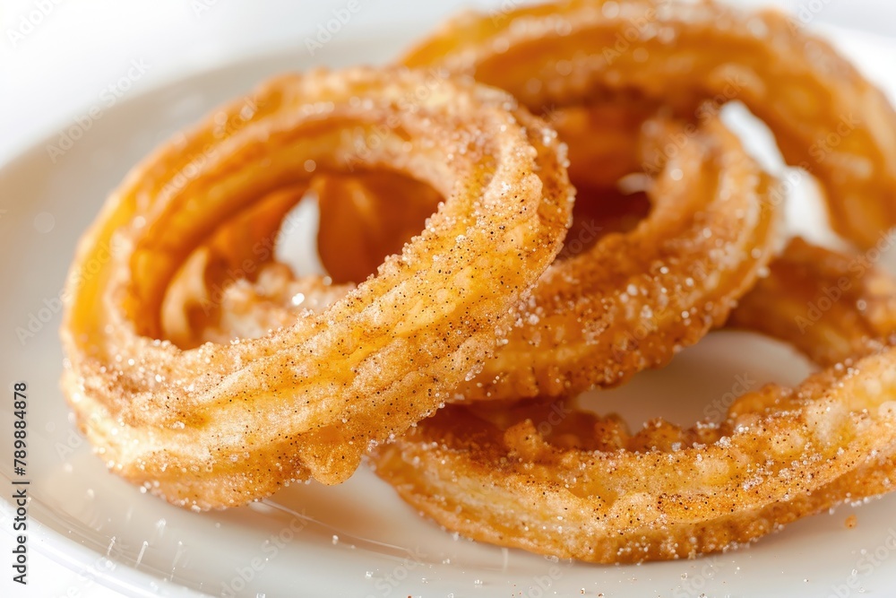 Sugar rings Fried churros on a white plate, Sugar rings Fried churros on a white plate,