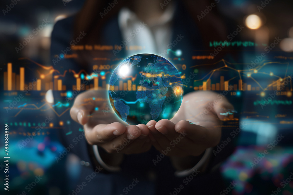 Close-up of a businesswoman's hands holding a glowing globe, symbolizing global business strategies and sustainability, with charts and graphs projected in the background Close-up of a businesswoman's hands holding a glowing globe, symbolizing global business strategies and sustainability, with charts and graphs projected in the background