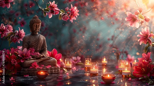 banner background Theravada New Year Day theme, and wide copy space, An artistic depiction of Lord Buddha in meditation, surrounded by flowers and candles,  photo