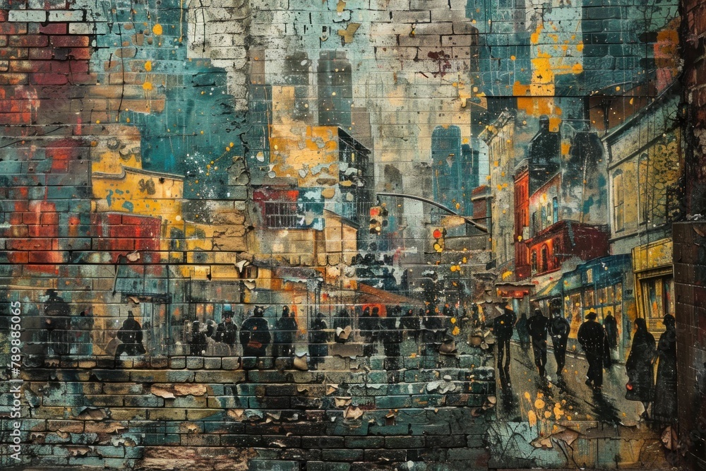 Amidst the weathered bricks, a mural of bustling city life emerges, each brushstroke depicting the relentless rhythm of work. Amidst the weathered bricks, a mural of bustling city life emerges, each brushstroke depicting the relentless rhythm of work.