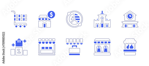 Market icon set. Duotone style line stroke and bold. Vector illustration. Containing stand, podium, ben thanh market, shopping cart, market, shop, food stall, labour market.