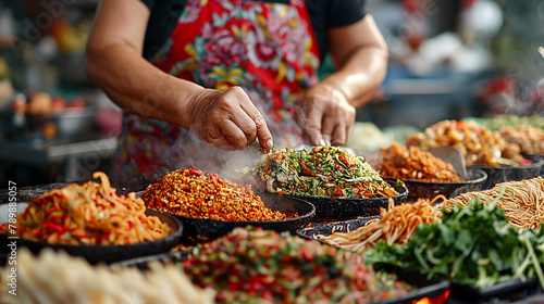 Image of street food vendors preparing local delicacies, culture photo