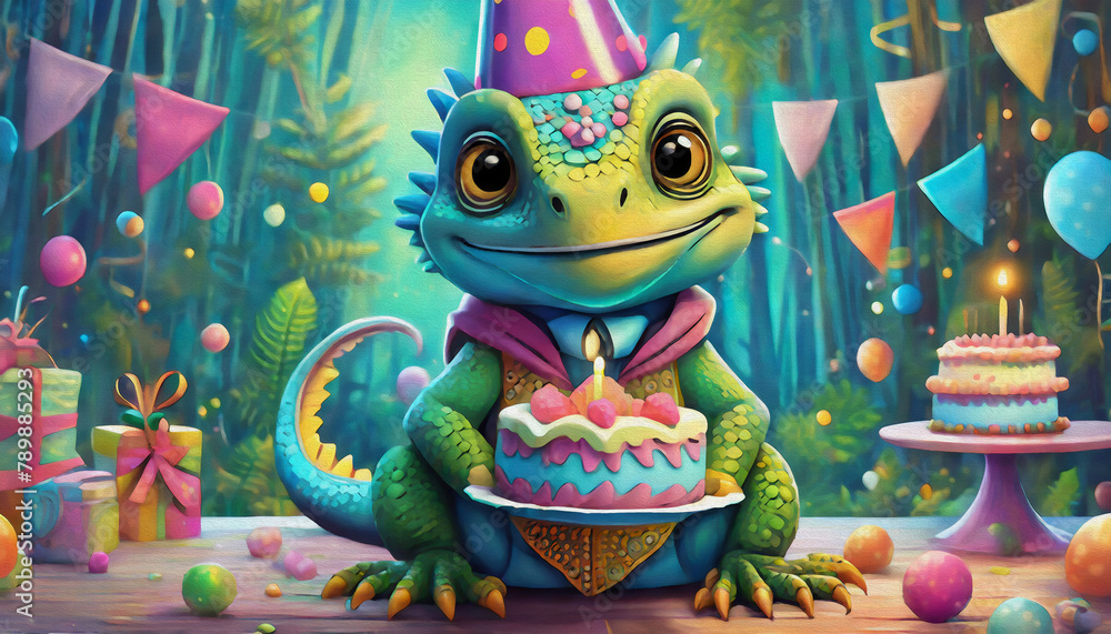 oil painting style cartoon character multicolored happy baby iguana with birthday cake, cartoon,