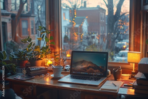 A documentary-style capture of a well-organized work-from-home setup, showcasing an open laptop alongside essential items like glasses and a cup of coffee, reflecting a dedicated workspace