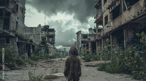 Lone figure in a hooded jacket walking through a desolate urban landscape with overgrown buildings.