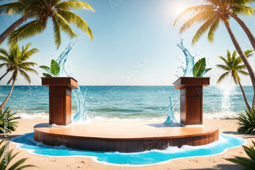A 3D illustration of a wooden podium with water splash on a tropical beach, flanked by palm trees against a clear sky Ideal for product display