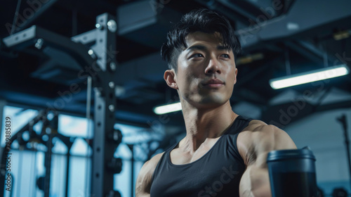 Dynamic scene of a muscular Japanese man lifting weights in a modern gym, a UCC Black coffee placed nearby, styled with a focus on strong, natural gym lighting.
