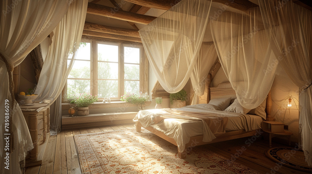 A snug loft bedroom with a canopy bed, draped in sheer fabric, for peaceful nights.