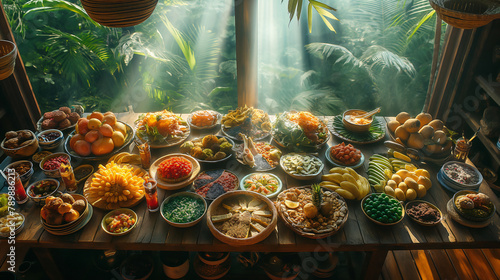A top-down view of a wooden table filled with an assortment of South American desserts, fruits, and drinks. Sunlight streams through the windo