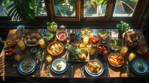 A top-down view of a wooden table filled with an assortment of South American desserts, fruits, and drinks. Sunlight streams through the windo photo