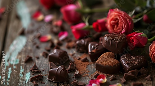 heart shaped chocolate and valentine roses