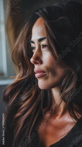 Young diverse woman portrait with a pensive gaze.