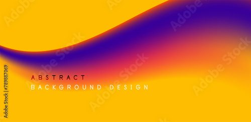 A vibrant abstract background in shades of yellow and purple with a wave pattern. Features include colorfulness, amber, circles, tints and shades, electric blue, magenta, peach, and macro photography