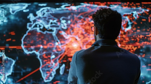 A man is looking at a computer screen with a map of the world on it