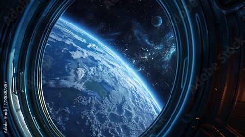 A view of the earth through a spaceship window.