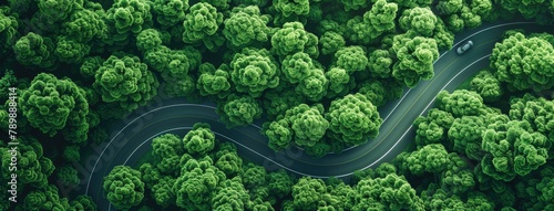 top view photo aerial green forest with road and car