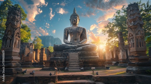 A Buddha statue in a tranquil temple ruins during a captivating sunset. photo