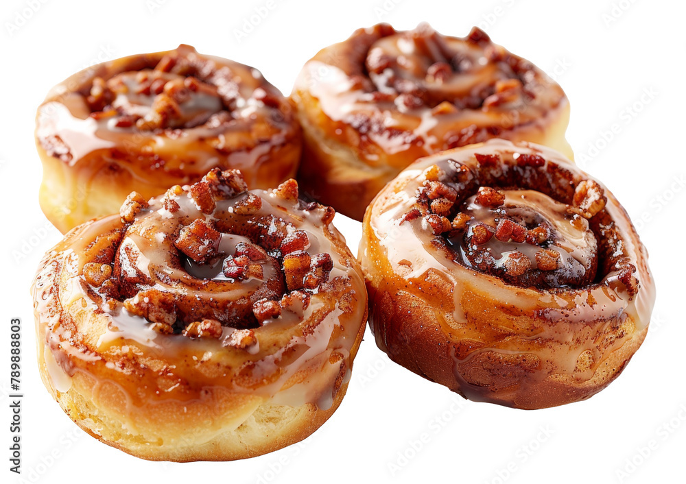 Glazed cinnamon roll topped with pekan nuts isolated on transparent background