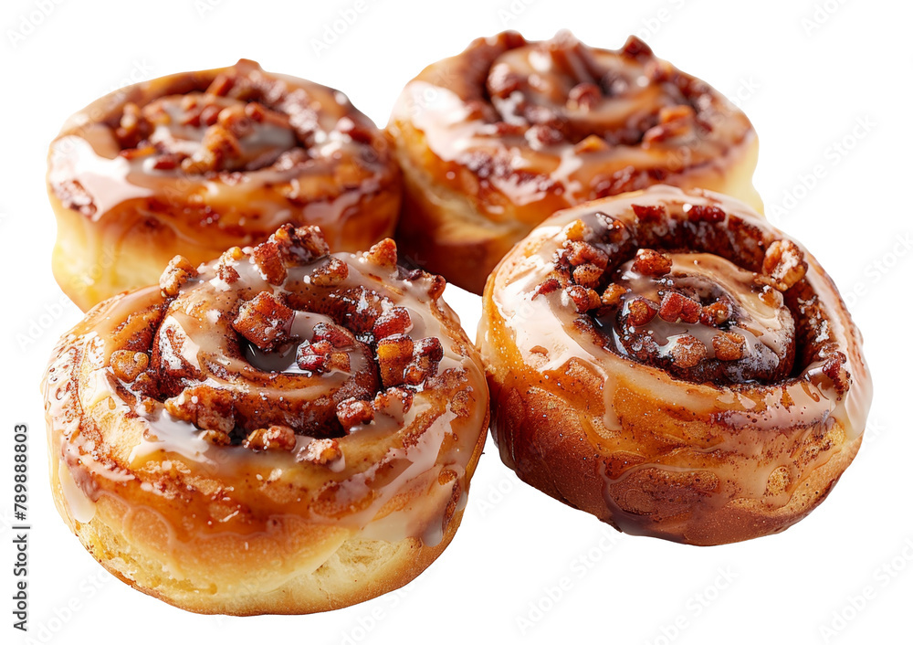 Glazed cinnamon roll topped with pekan nuts isolated on transparent background Glazed cinnamon roll topped with pekan nuts isolated on transparent background